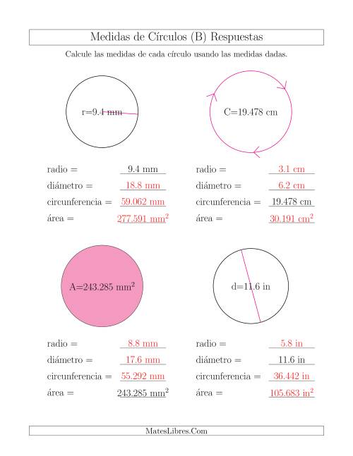La hoja de ejercicios de Calcular Todas las Medidas de Círculos (B) Página 2