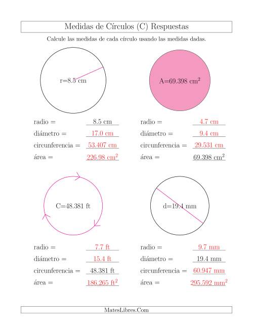 La hoja de ejercicios de Calcular Todas las Medidas de Círculos (C) Página 2