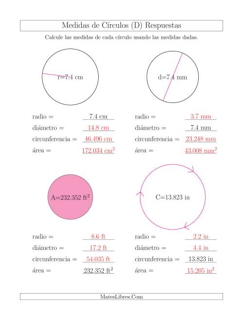La hoja de ejercicios de Calcular Todas las Medidas de Círculos (D) Página 2