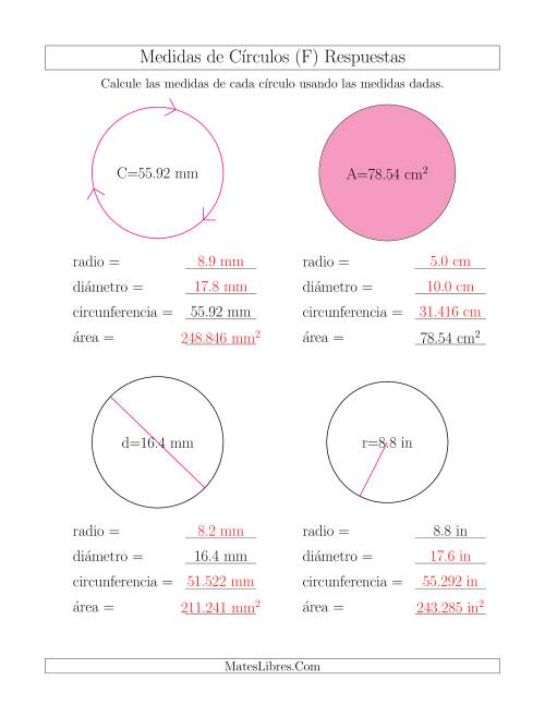 La hoja de ejercicios de Calcular Todas las Medidas de Círculos (F) Página 2