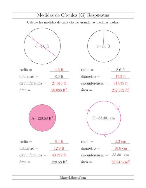 La hoja de ejercicios de Calcular Todas las Medidas de Círculos (G) Página 2