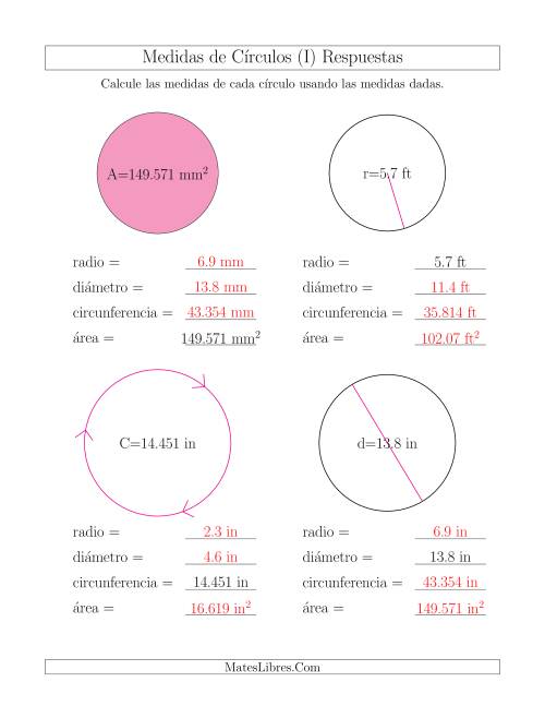 La hoja de ejercicios de Calcular Todas las Medidas de Círculos (I) Página 2
