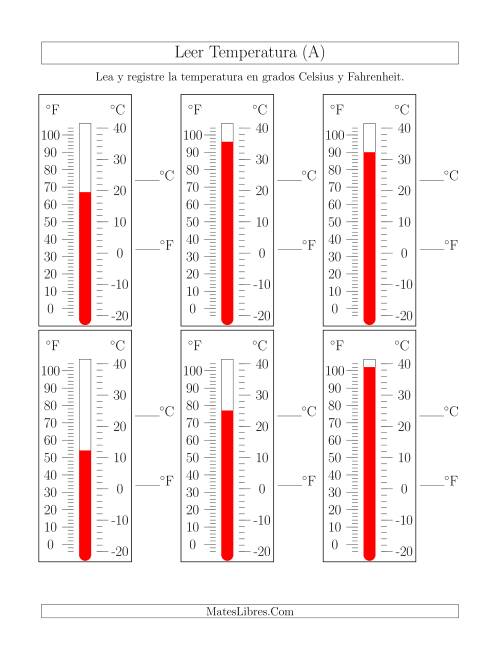 La hoja de ejercicios de Leer Temperatura de Termómetros (A)