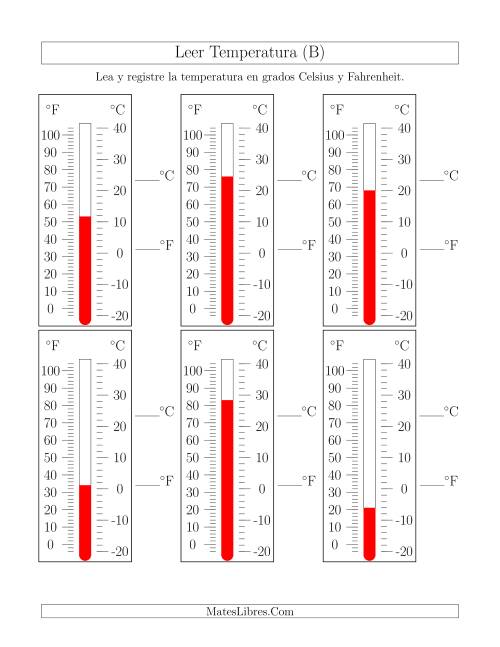 La hoja de ejercicios de Leer Temperatura de Termómetros (B)
