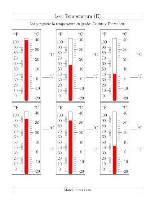 La hoja de ejercicios de Leer Temperatura de Termómetros (E)