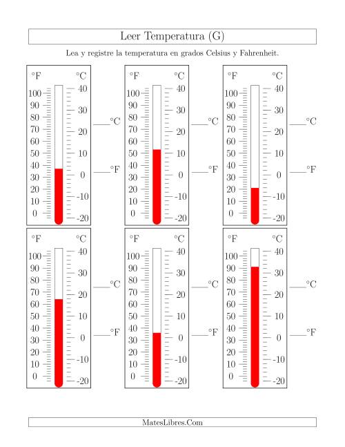 La hoja de ejercicios de Leer Temperatura de Termómetros (G)