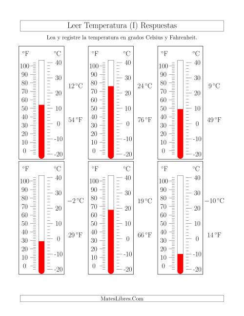 La hoja de ejercicios de Leer Temperatura de Termómetros (I) Página 2