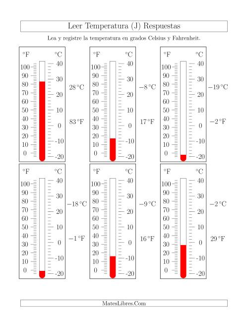 La hoja de ejercicios de Leer Temperatura de Termómetros (J) Página 2