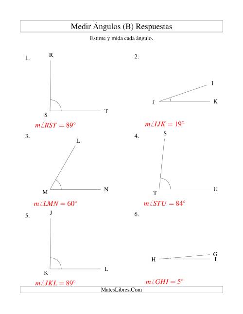 La hoja de ejercicios de Medir Ángulos Entre 5° y 90° (B) Página 2