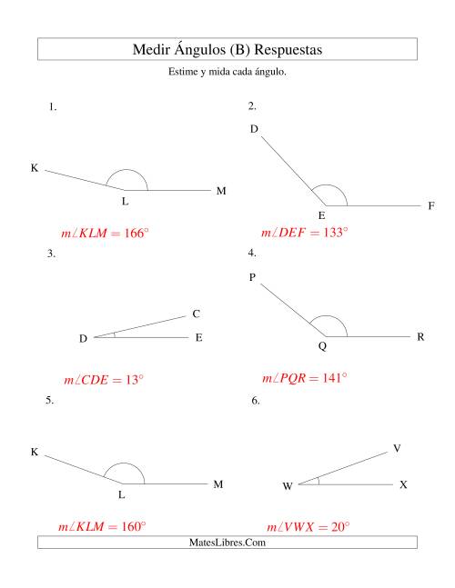 La hoja de ejercicios de Medir Ángulos Entre 5° y 175° (B) Página 2