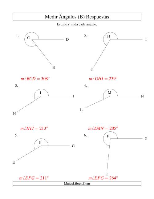 La hoja de ejercicios de Medir Ángulos Entre 90° y 175° (B) Página 2