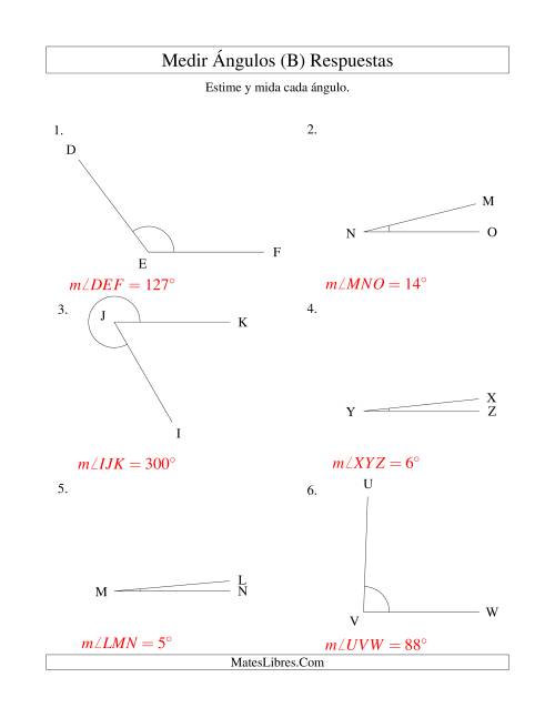 La hoja de ejercicios de Medir Ángulos Entre 185° y 355° (B) Página 2