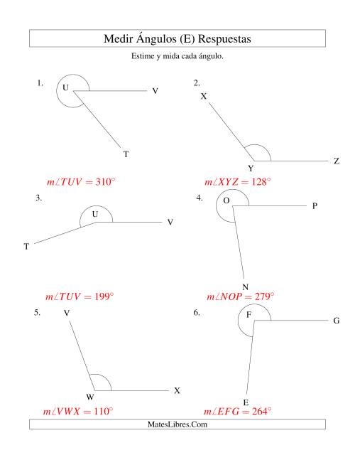 La hoja de ejercicios de Medir Ángulos Entre 185° y 355° (E) Página 2