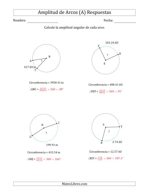 La hoja de ejercicios de Calcular la Amplitud de un Arco a partir de la Circunferencia (A) Página 2