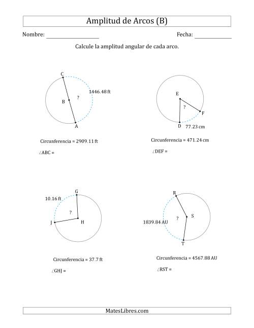 La hoja de ejercicios de Calcular la Amplitud de un Arco a partir de la Circunferencia (B)