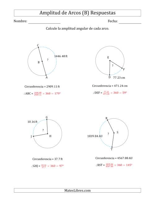 La hoja de ejercicios de Calcular la Amplitud de un Arco a partir de la Circunferencia (B) Página 2
