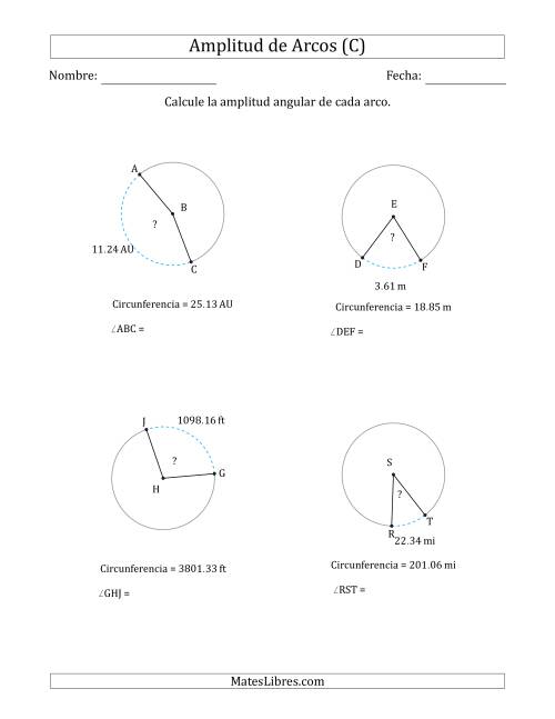 La hoja de ejercicios de Calcular la Amplitud de un Arco a partir de la Circunferencia (C)