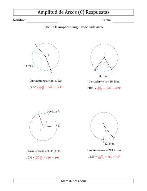 La hoja de ejercicios de Calcular la Amplitud de un Arco a partir de la Circunferencia (C) Página 2