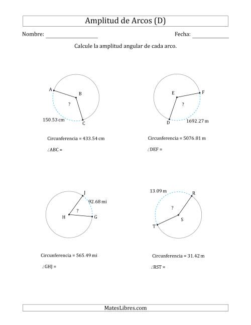 La hoja de ejercicios de Calcular la Amplitud de un Arco a partir de la Circunferencia (D)