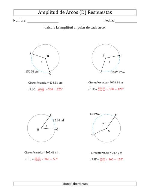 La hoja de ejercicios de Calcular la Amplitud de un Arco a partir de la Circunferencia (D) Página 2