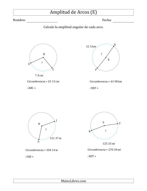 La hoja de ejercicios de Calcular la Amplitud de un Arco a partir de la Circunferencia (E)