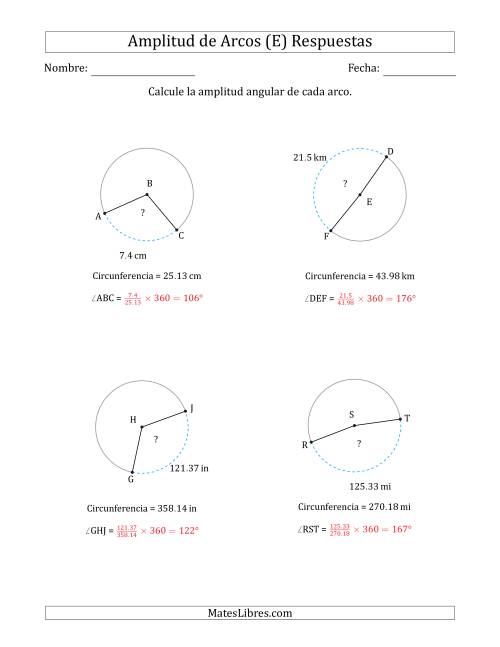 La hoja de ejercicios de Calcular la Amplitud de un Arco a partir de la Circunferencia (E) Página 2