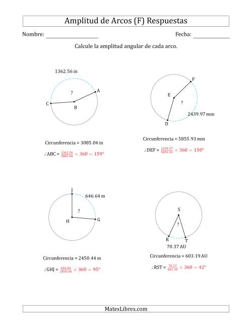 La hoja de ejercicios de Calcular la Amplitud de un Arco a partir de la Circunferencia (F) Página 2