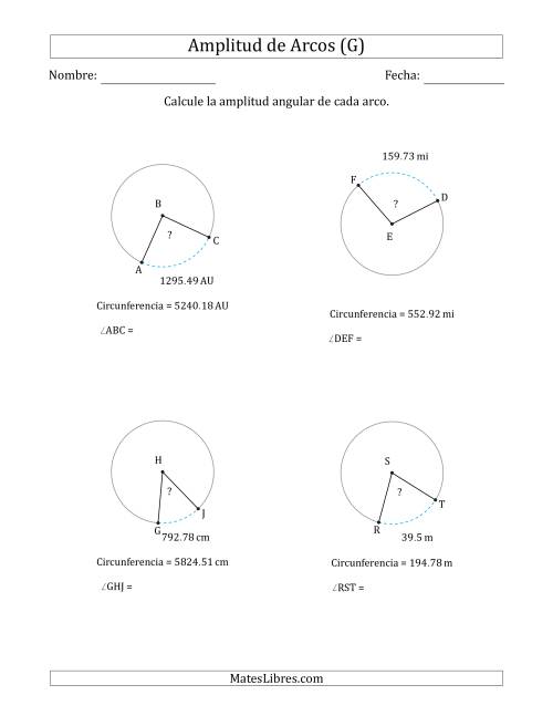 La hoja de ejercicios de Calcular la Amplitud de un Arco a partir de la Circunferencia (G)