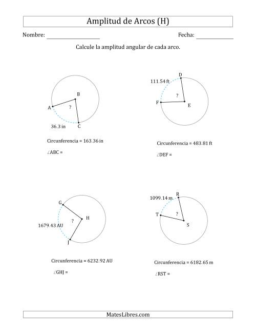 La hoja de ejercicios de Calcular la Amplitud de un Arco a partir de la Circunferencia (H)
