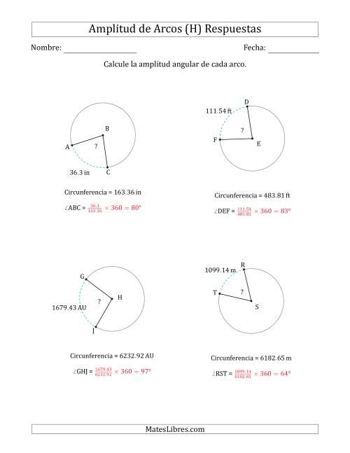 La hoja de ejercicios de Calcular la Amplitud de un Arco a partir de la Circunferencia (H) Página 2