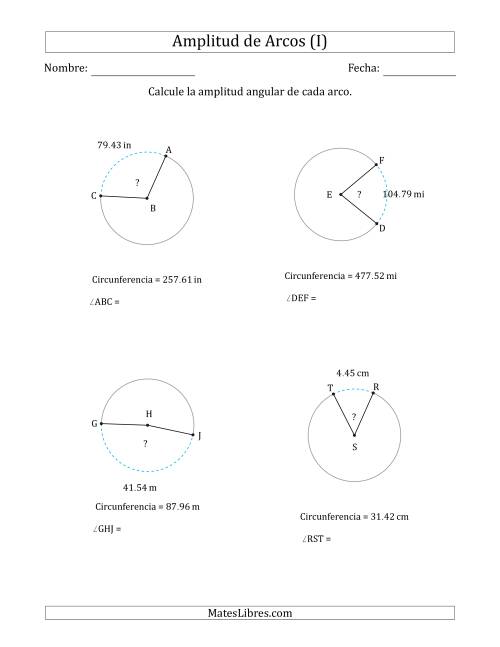 La hoja de ejercicios de Calcular la Amplitud de un Arco a partir de la Circunferencia (I)