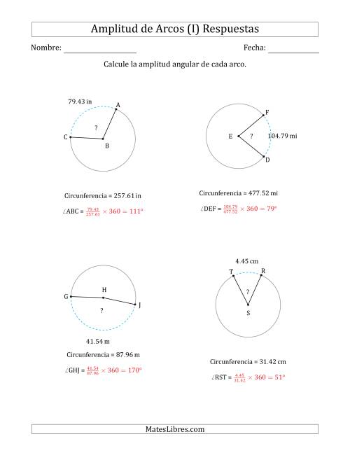 La hoja de ejercicios de Calcular la Amplitud de un Arco a partir de la Circunferencia (I) Página 2