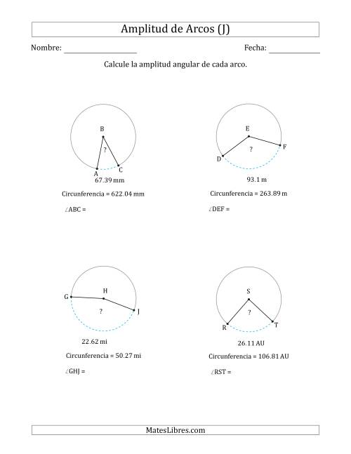 La hoja de ejercicios de Calcular la Amplitud de un Arco a partir de la Circunferencia (J)