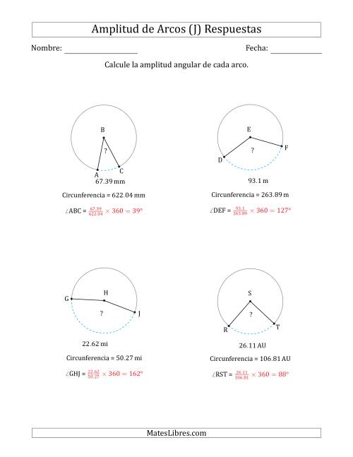 La hoja de ejercicios de Calcular la Amplitud de un Arco a partir de la Circunferencia (J) Página 2