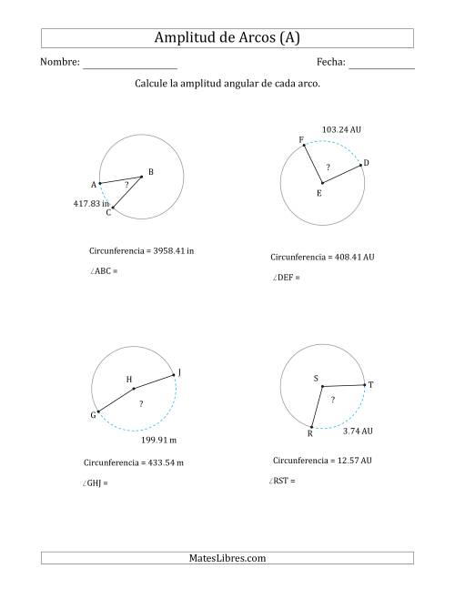 La hoja de ejercicios de Calcular la Amplitud de un Arco a partir de la Circunferencia (Todas)