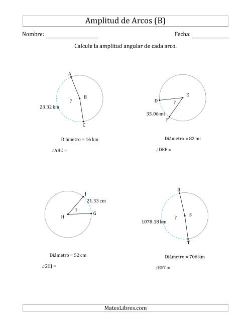 La hoja de ejercicios de Calcular la Amplitud de un Arco a partir del Diámetro (B)