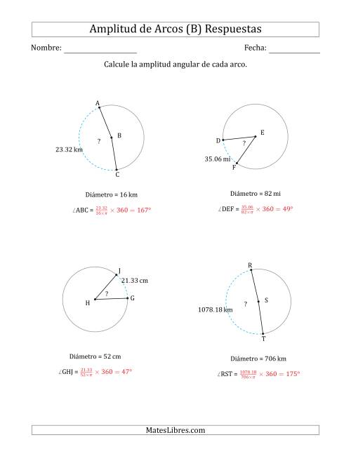 La hoja de ejercicios de Calcular la Amplitud de un Arco a partir del Diámetro (B) Página 2