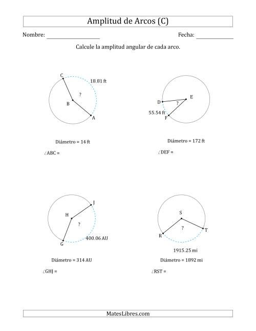 La hoja de ejercicios de Calcular la Amplitud de un Arco a partir del Diámetro (C)