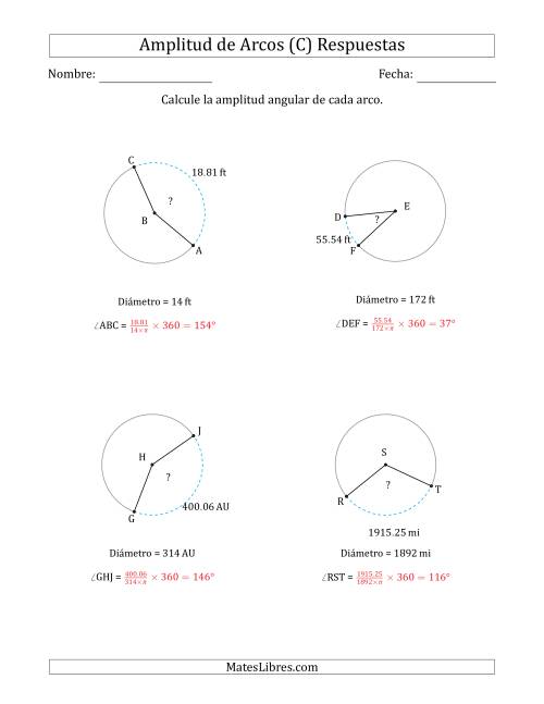 La hoja de ejercicios de Calcular la Amplitud de un Arco a partir del Diámetro (C) Página 2
