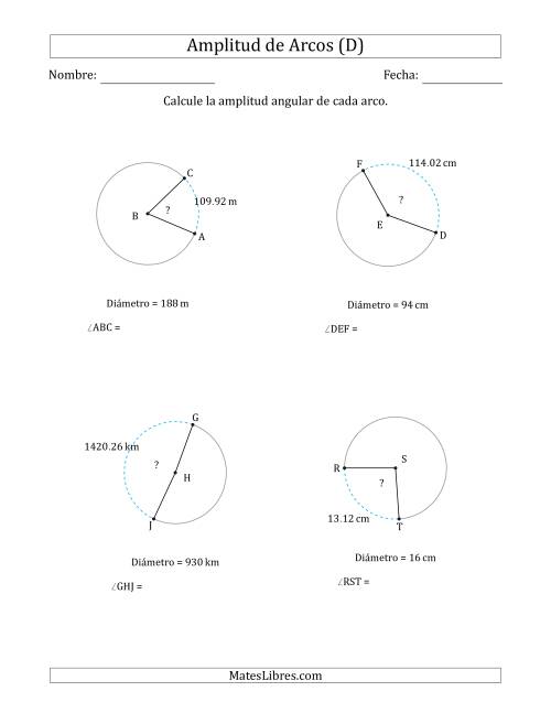 La hoja de ejercicios de Calcular la Amplitud de un Arco a partir del Diámetro (D)