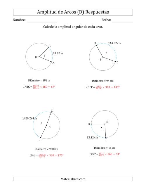 La hoja de ejercicios de Calcular la Amplitud de un Arco a partir del Diámetro (D) Página 2