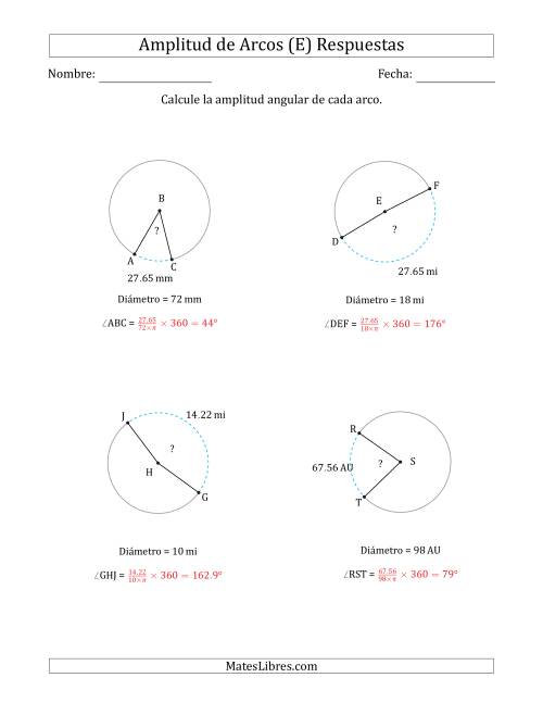 La hoja de ejercicios de Calcular la Amplitud de un Arco a partir del Diámetro (E) Página 2