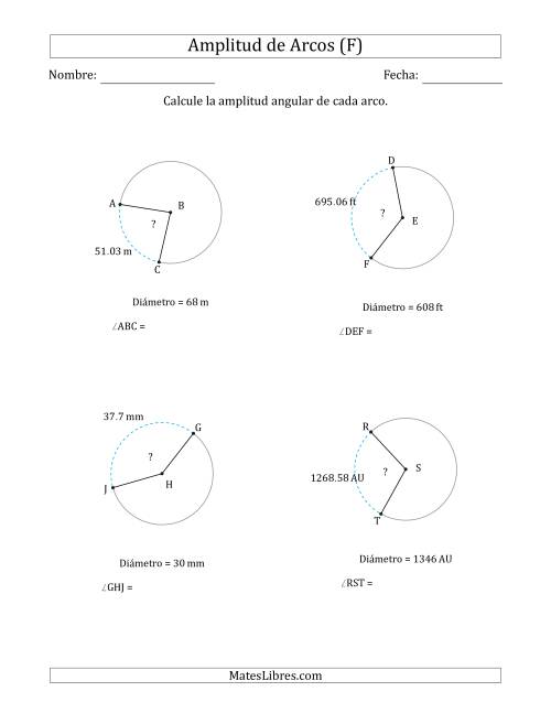 La hoja de ejercicios de Calcular la Amplitud de un Arco a partir del Diámetro (F)