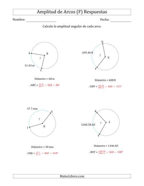 La hoja de ejercicios de Calcular la Amplitud de un Arco a partir del Diámetro (F) Página 2