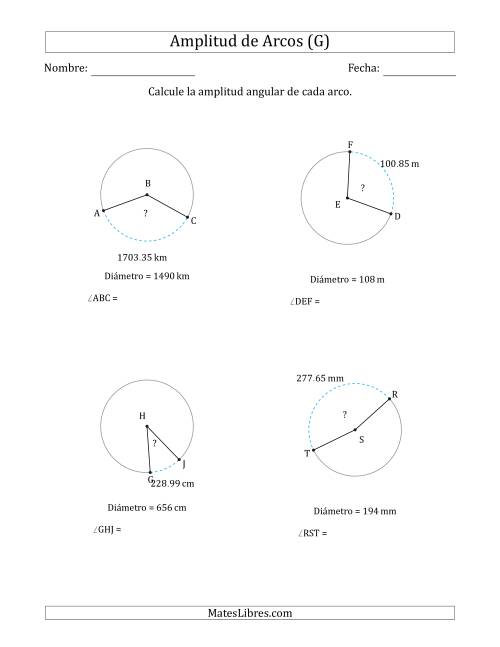 La hoja de ejercicios de Calcular la Amplitud de un Arco a partir del Diámetro (G)