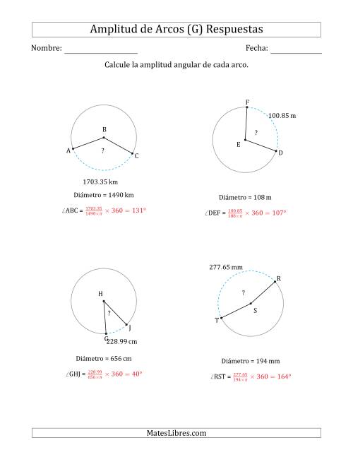 La hoja de ejercicios de Calcular la Amplitud de un Arco a partir del Diámetro (G) Página 2