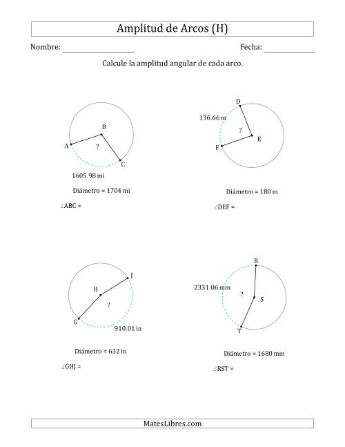La hoja de ejercicios de Calcular la Amplitud de un Arco a partir del Diámetro (H)