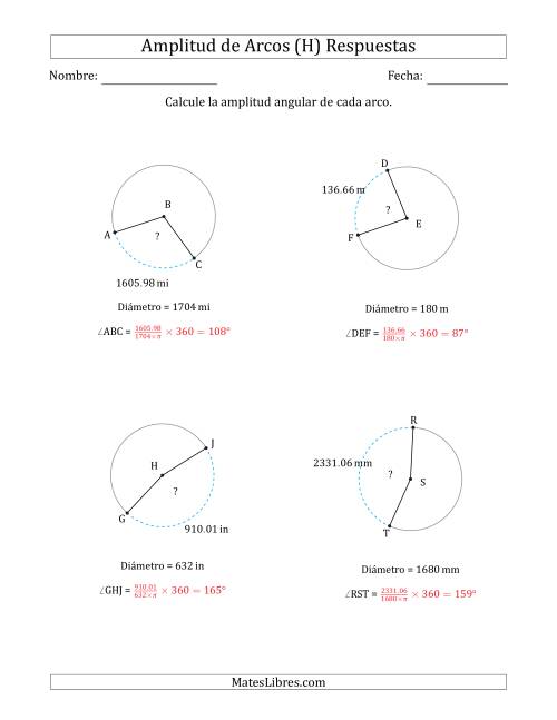 La hoja de ejercicios de Calcular la Amplitud de un Arco a partir del Diámetro (H) Página 2
