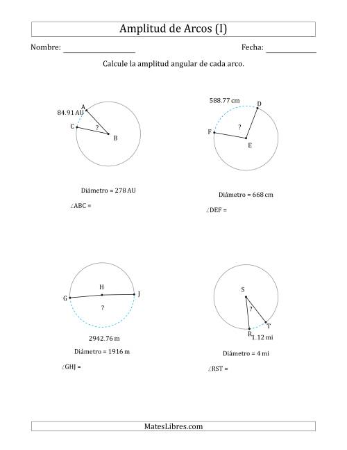 La hoja de ejercicios de Calcular la Amplitud de un Arco a partir del Diámetro (I)