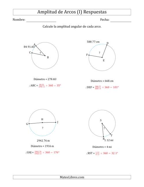 La hoja de ejercicios de Calcular la Amplitud de un Arco a partir del Diámetro (I) Página 2